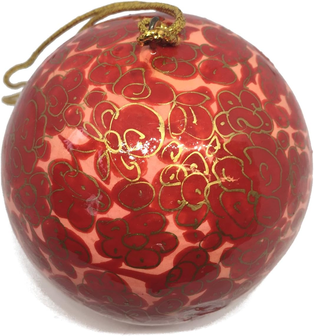 One World is Enough Large Kashmiri Lacquerware Bauble Christmas Tree Decoration - Beautiful Fair Trade Handpainted (Red and Pink Flowers)