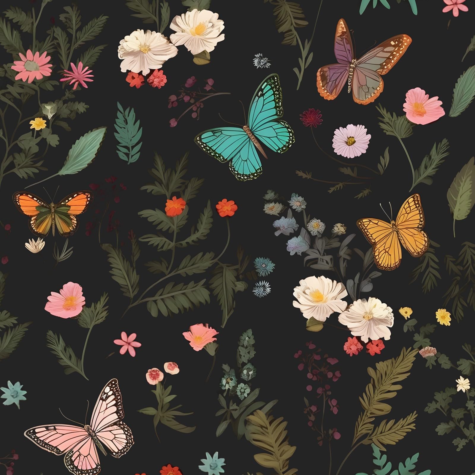 VOLEAAR Butterfly Vintage Contact Paper Floral Wallpaper Peel and Stick Stick on Countertops Cabinet Boho Vintage Vinly Waterproof Removable Black Colorful 44.5CM x 1000CM