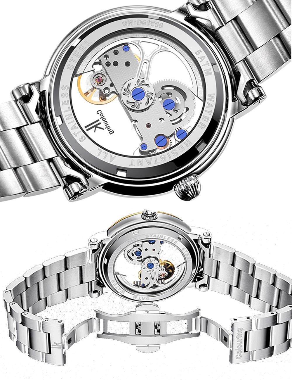 Gute Men's Watches, Mechanical Automatic Self-Winding Waterproof Watch, Luxury See Through Hollow-Out Minimalist Transparent Steampunk Roman Numerals Silver Case Wrist Watch