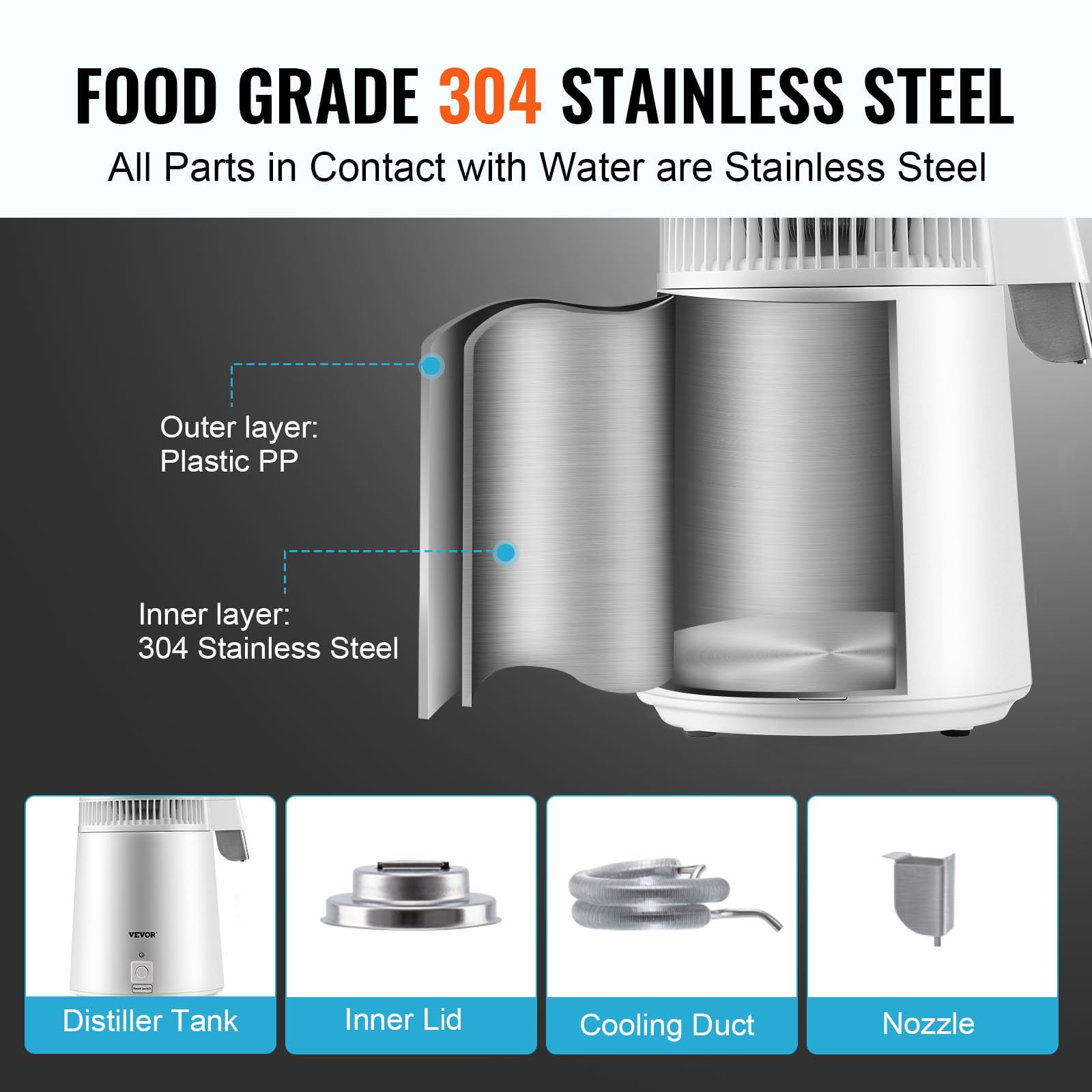 VEVOR Destilador de agua, máquina de agua destilada de 1,1 gal, destilación de agua pura de 750 W con contenedor de plástico libre de BPA, kit de destilación de agua con botón, fabricante de agua destilada de encimera para el hogar, blanco