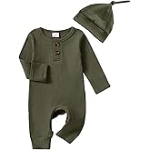 Infant Boys Girls Clothes Set Newborn Baby Romper Hat Ribbed Knit Long Sleeve Button Solid Bodysuit Jumpsuit