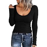 Roselux Women Long Sleeve Scoop Neck Ribbed Fitted Knit Shirt Basic T-Shirts