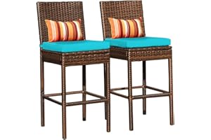 Sundale Outdoor Bar Stools Set of 2, 2 Piece Woven Wicker Bar Stools Armless, Patio Bar Chairs with Pillow & Blue Cushion, All-Weather Outdoor Patio Furniture - Steel, Brown