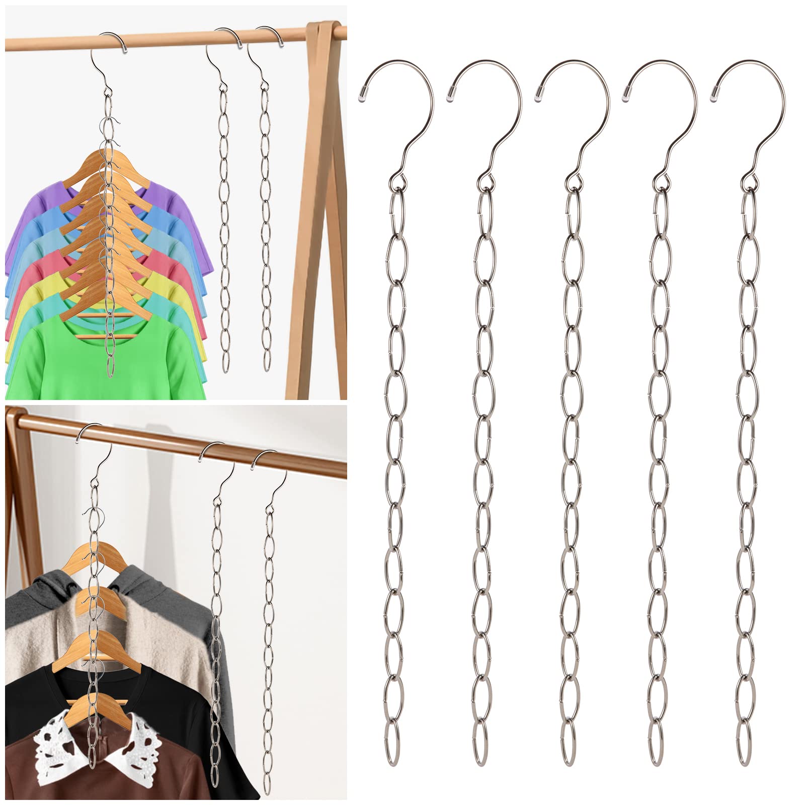 DFQHSCTE 5 Pack Wardrobe Space Saving Hangers, Metal Wardrobe Organizer, Smart Space Storage Hanger Chains, Magic Multi Hangers For Clothes, Hanging Storage, Bedroom Storage Ideas