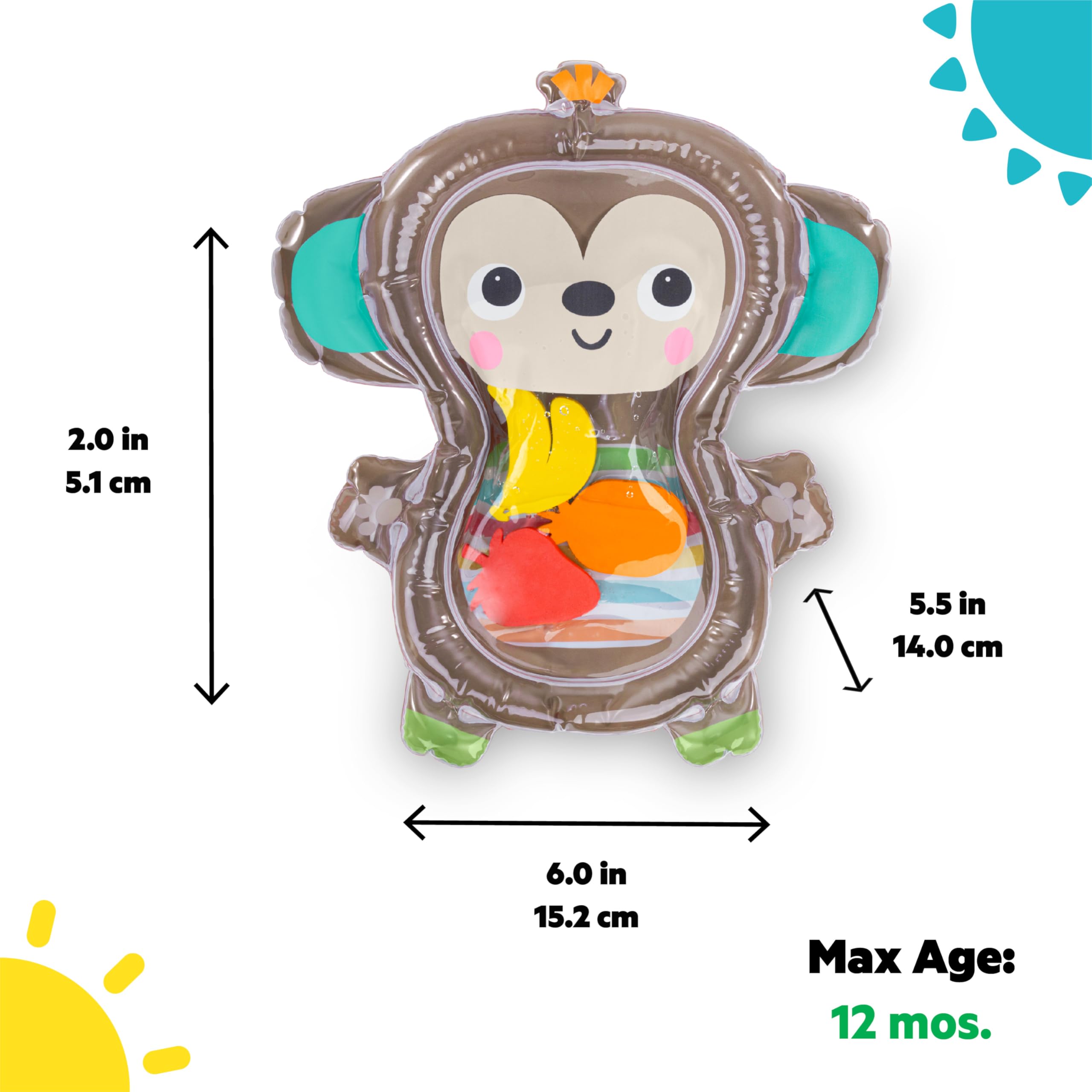 Bright Starts Hungry Monkey Water Mat, Baby Play Mat, Inflatable Sensory Toy for Infants Age 0-6 Months