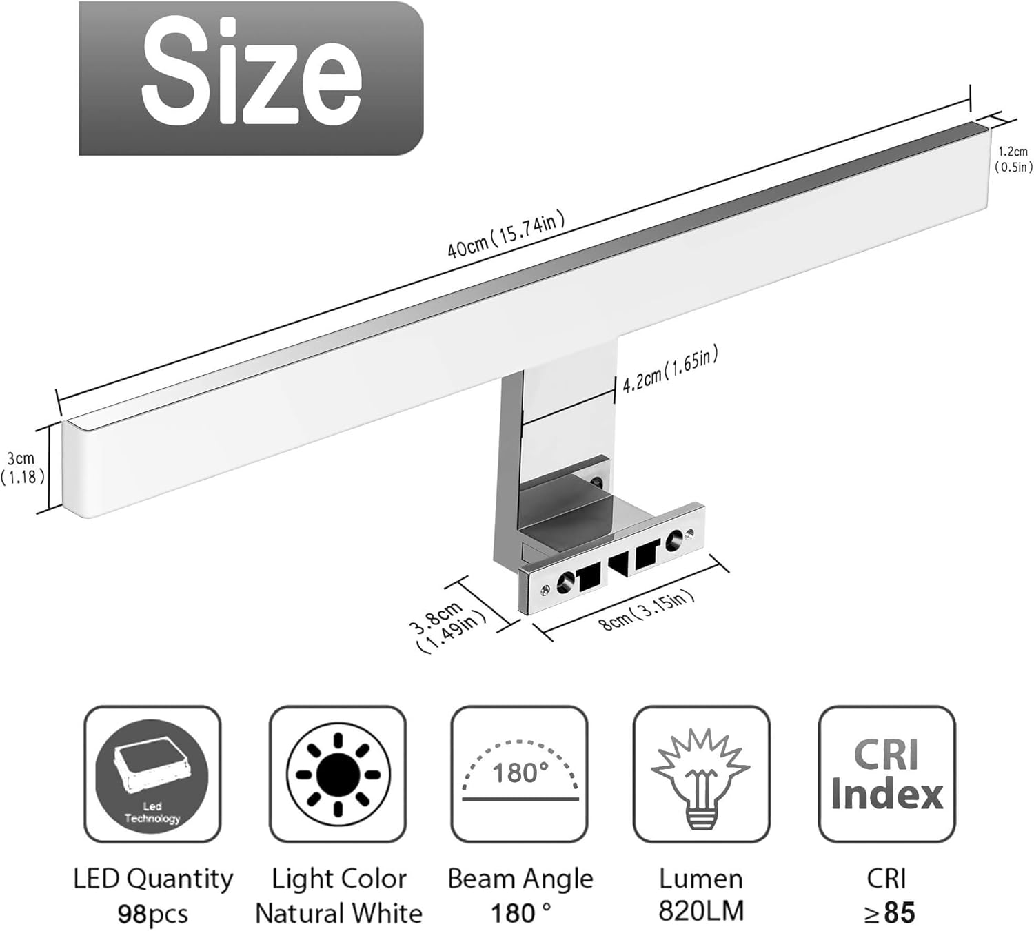 Azhien LED Mirror Light 10W 820LM Bathroom Mirror Lamp,Neutral White 4000K LED Cabinet Light Wall Toilet Lamp IP44 230V Stainless Steel Bath Mirror Front Light 40cm - Image 4
