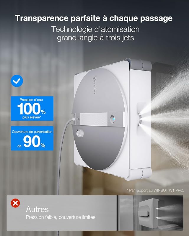 WINBOT W3 OMNI Robot Nettoyeur de Vitres avec Station, Lavage Automatique des Tampons, Nettoyage Intelligent Jusqu’aux Bords, Pulvérisation à 3 Jets, Contrôle via Application