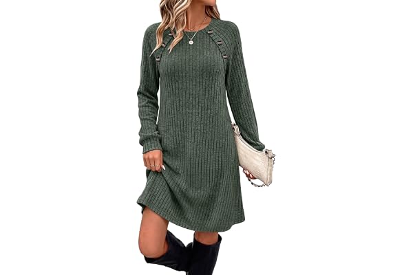 OFEEFAN Fall Dresses for Women 2026 Long Sleeve Dress with Pockets | Button Detail, Teacher Outfits, Early Fall Fashion, Ribb
