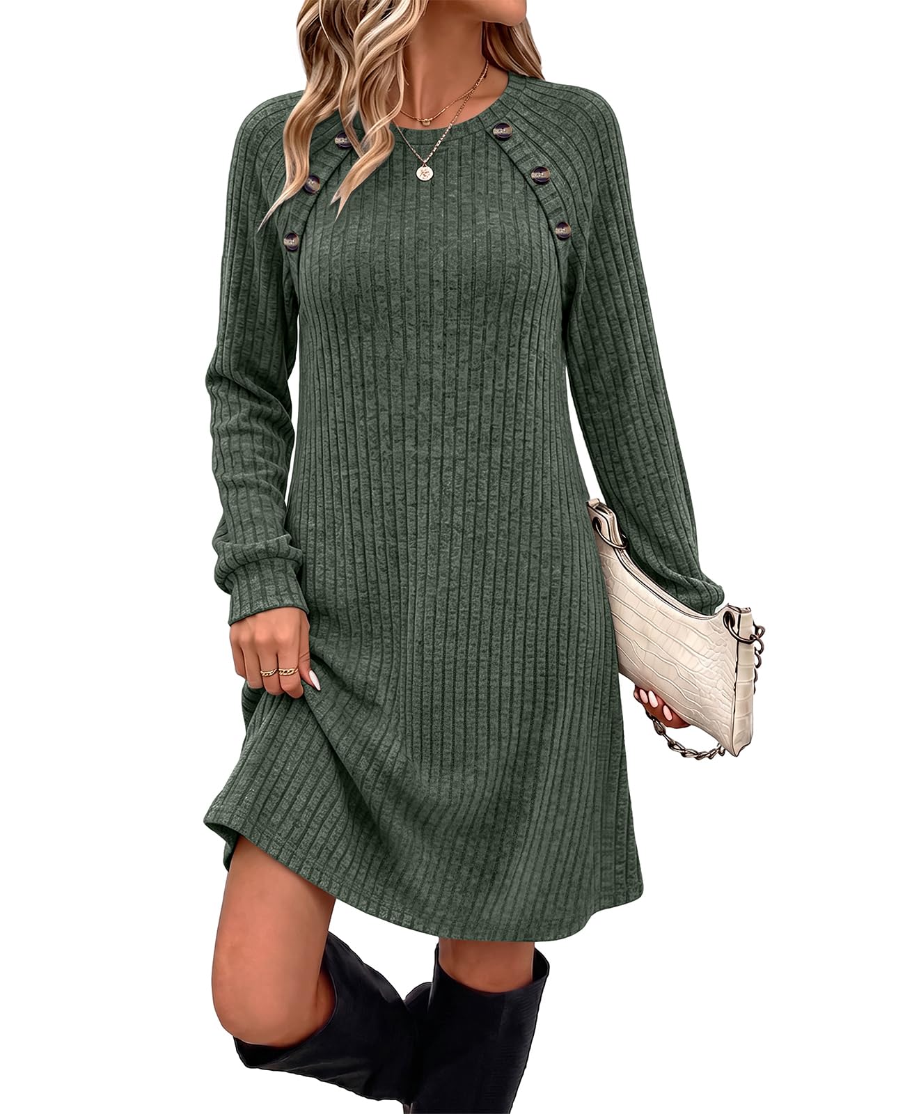 OFEEFAN Fall Dresses for Women 2026 Long Sleeve Dress with Pockets | Button Detail, Teacher Outfits, Early Fall Fashion, Ribb