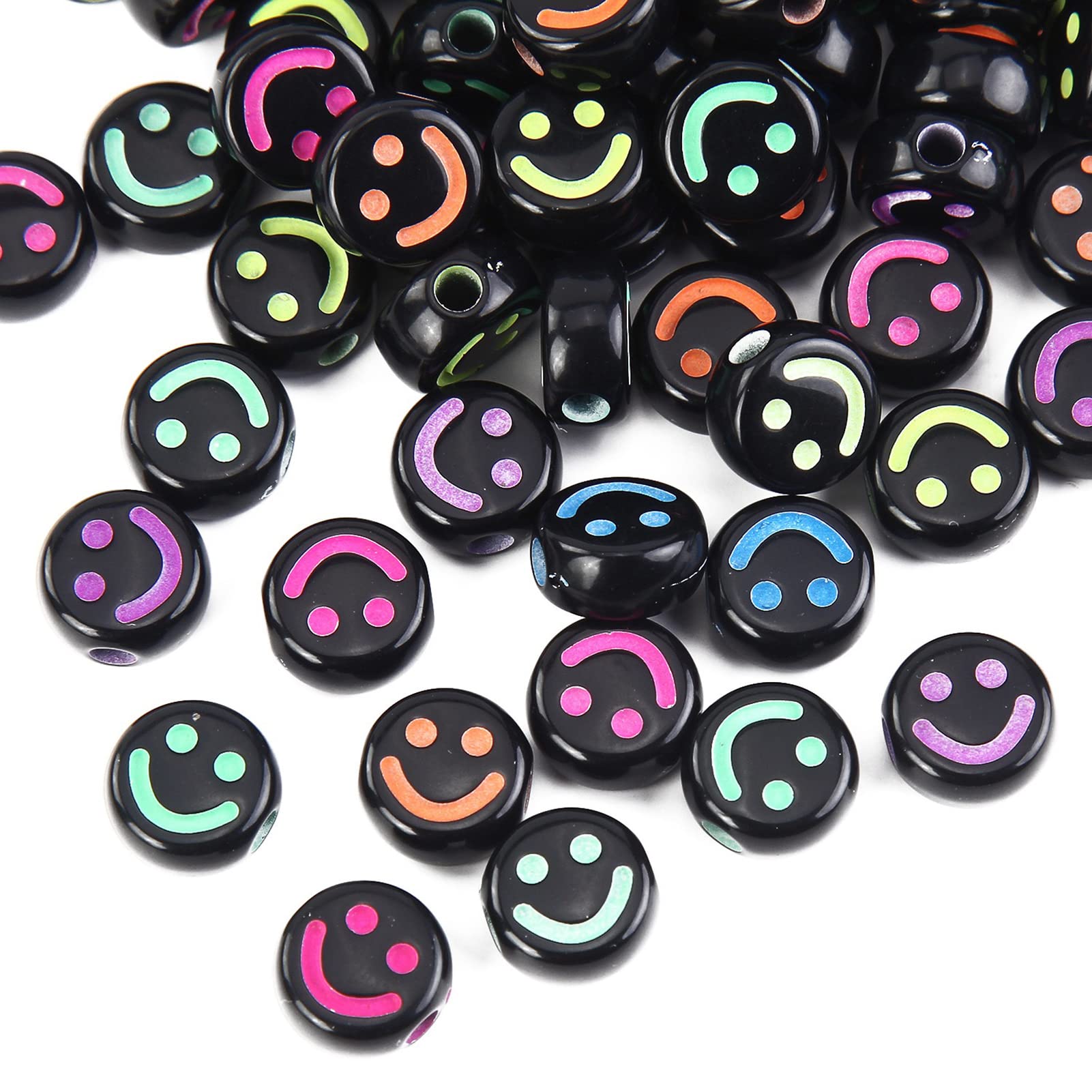 200pcs Black Acrylic Smile Face Beads 10mm Pony Disc Coin Multicolor Loose Spacer Beads for DIY Jewelry Bracelet Mobile Phone Pendant Making