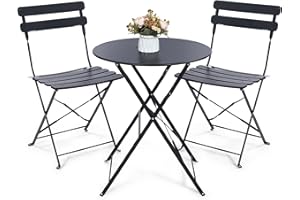 Kromax Outdoor 3 Piece Patio Bistro Set, Folding Bistro Table and Chairs Set of 2, Space Saving, Foldable Coffee Tables for Balcony or Garden, Black