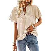 Falechay Womens Tops Butterfly Sleeve V Neck Blouses for Women Dressy Casual Flowy Swiss Dot Ruffle Short Sleeve Shirts