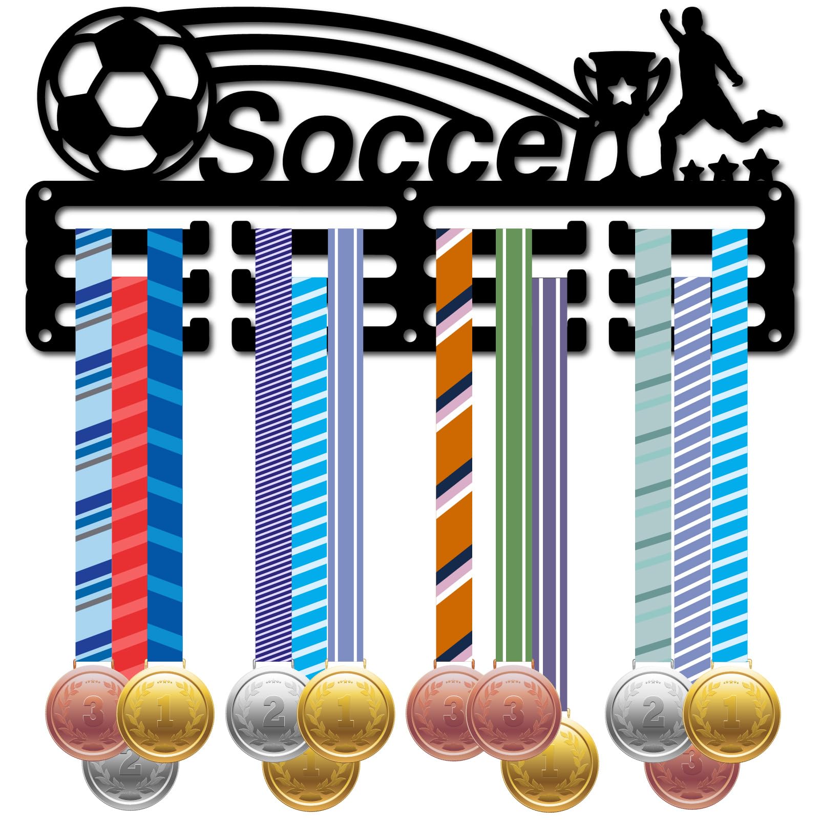 CREATCABIN Soccer Medal Holder Sports Medals Hanger Display Metal Rack Frame Athletes Players Competition Small Black Awards Lanyard Ribbons Hanging over 40 Medals for Wall Race Gifts 11.4 x 5.1Inch