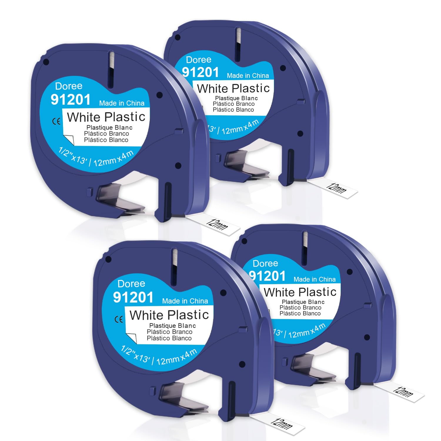 DOREE (4 Pack) Letratag 91201 91221 S0721610 Plastic Tape, 12 mm x 4 m, Black on White, High Waterproof Tape, Compatible with Dymo Letratag LT-100H, LT-100T, LT-100T Plus, XR, XM, 200B