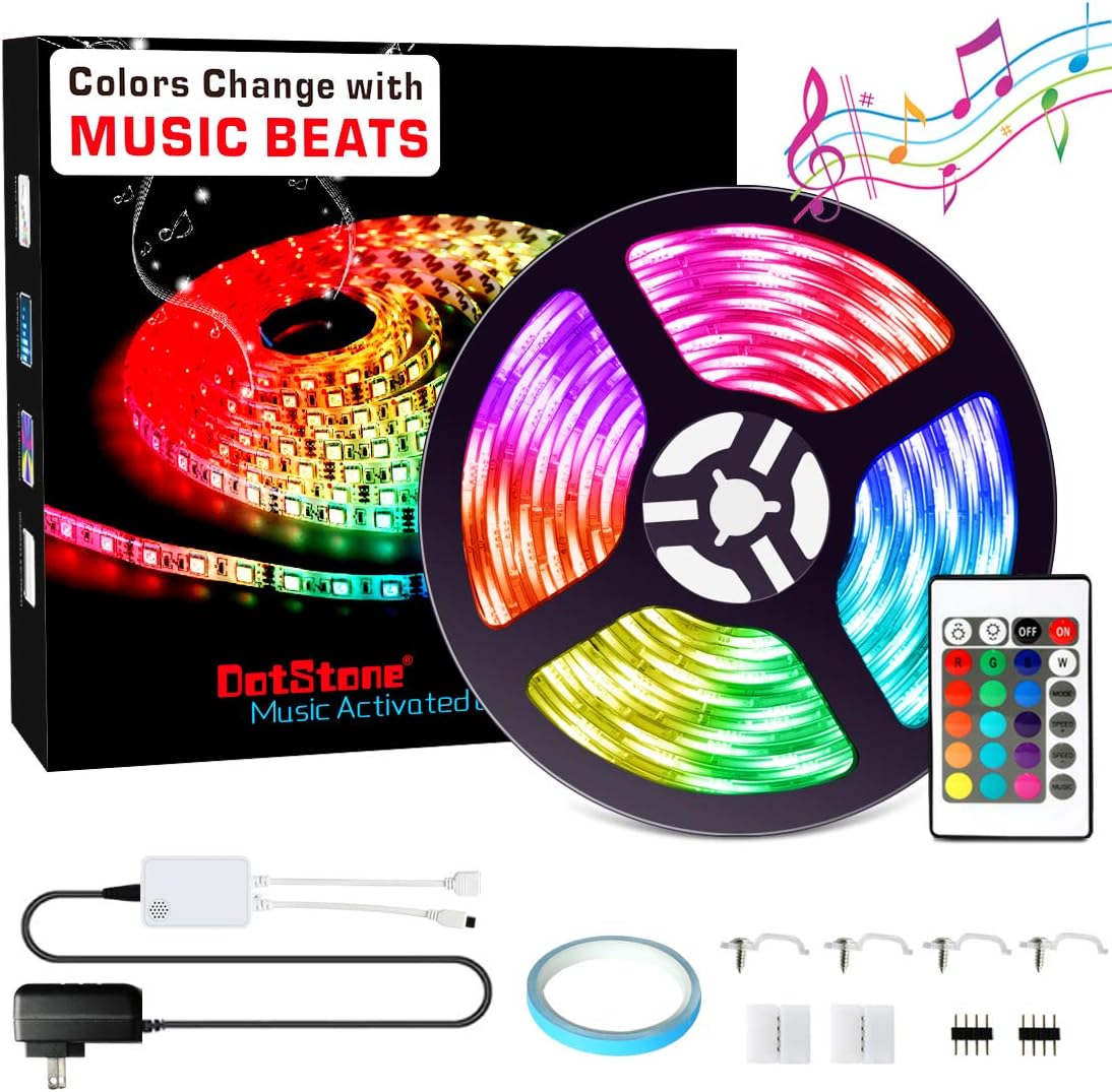 Led Strip Lights Sync to Music-DotStone Led Lights 16.4ft/5m Tape Lights Waterproof Flexible Color Changing RGB SMD 5050 Led Strip with Remote Controller/12V Power Supply for Home (16.4ft-Update)