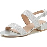 Enelauge Women's Open Toe Ankle Strap Low Block Chunky Heels Sandals Holiday Party Wedding Dress Shoes Silver 46-12US