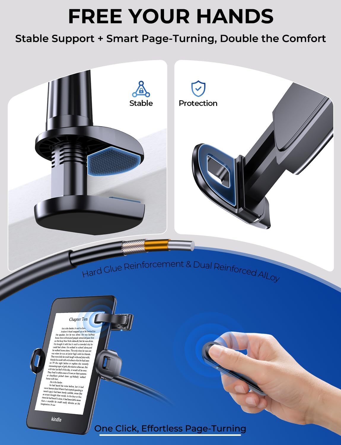 Mumay Gooseneck Holder with Page Turner for Kindle: Adjustable Bed Arm Stand for Hands-Free Reading, Kindle Accessories & Gifts for Book Lovers