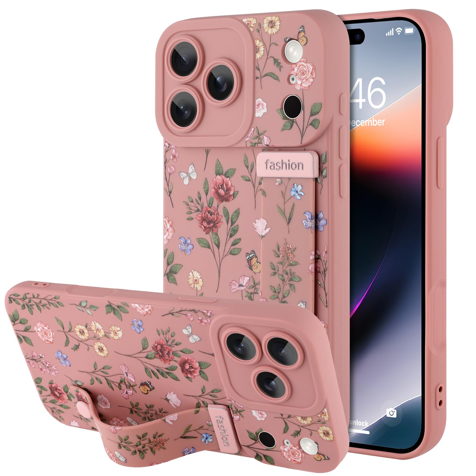 BF2JK Compatible with iPhone 17 Pro Max Case with Wrist Strap, Cute Floral Flower Pattern, Soft TPU Phone Cover, Adjustable Wristband Kickstand Shockproof Protective Case for Girl Women, Pink