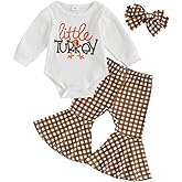 Doqcey My First Thanksgiving Baby Girl Outfit Turkey Long Sleeve Romper Plaid Bell Bottom Pants Headband 3Pcs Clothes Set