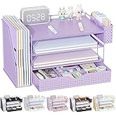 gianotter Wood Desk Organizers and Accessories with File Holder, 4-Tier Desk Accessories & Workspace Organizers with Drawer and Pen Holder, Paper Organizer for Office Supplies (Purple)