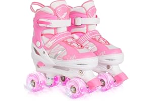 LIRENGUI Kids Roller Skates for Boys Girls Kids Toddler Beginners, Adjustable 4 Sizes Quad Boys Roller Skates with All Light Up Wheels for Indoor Outdoor Sports