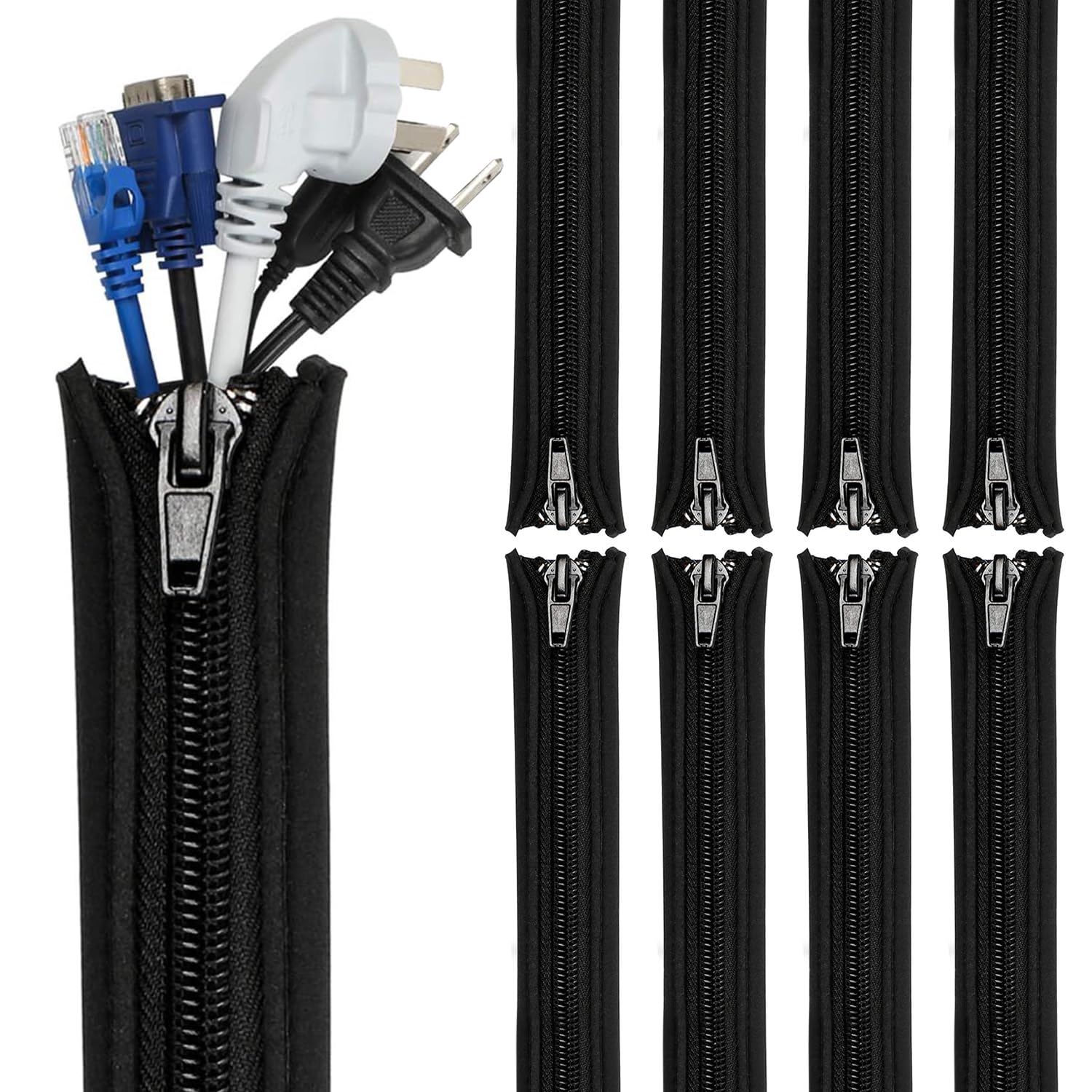 Teskyer 8 Pack Cable Tidy Sleeve, Cable Sleeve with Zipper, Cable Management Sleeves for TV, Computer, Office, 20"/50cm Per Sleeve