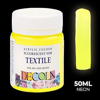 Nevskaya Palitra Fluoreszierende Textilfarbe Gelb | 50 ml Stoffmalfarbe waschfest | Acryl Neon-Farbe mit Glow-Effekt unter Schwarzlicht (UV-Licht) | Qualität von Decola