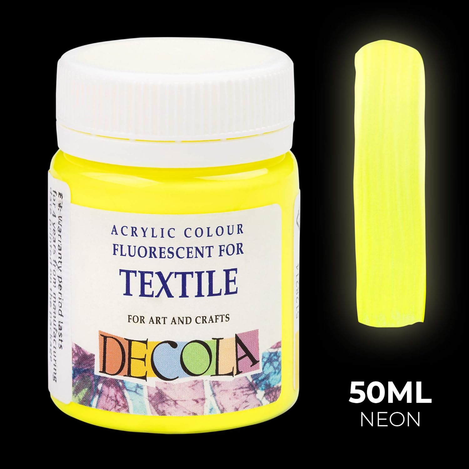 Nevskaya Palitra Fluoreszierende Textilfarbe Gelb | 50 ml Stoffmalfarbe waschfest | Acryl Neon-Farbe mit Glow-Effekt unter Schwarzlicht (UV-Licht) | Qualität von Decola