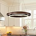 HUOKU Modern Wooden LED Chandelier, 24" Dimmable Farmhouse Walnut Color Round Dining Room Light Fixtures, 2 Ring Wood Hanging Pendant Light for Kitchen Island Entryway Foyer Living Room