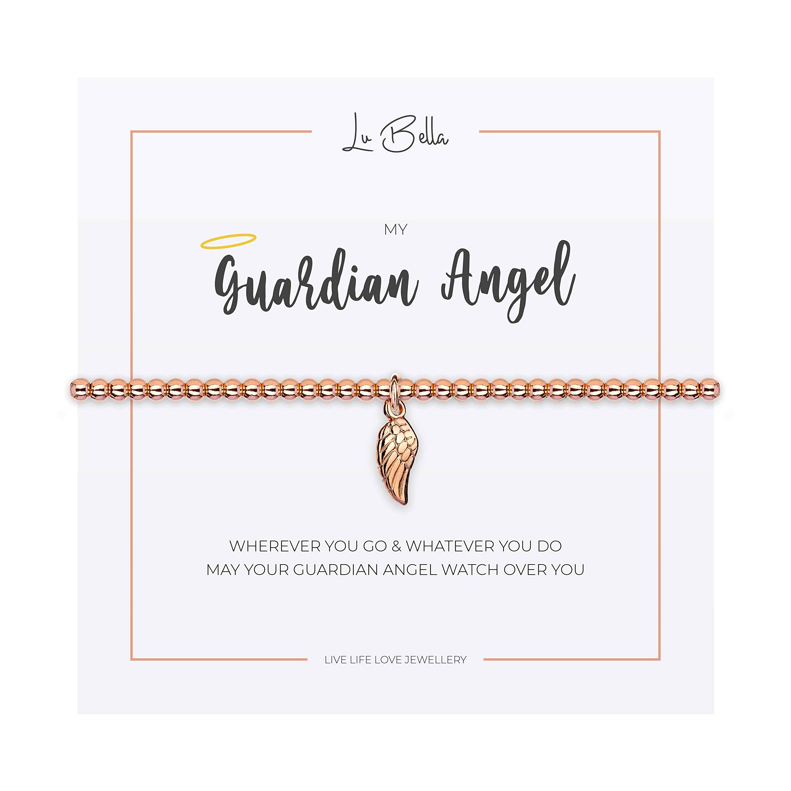 Lu Bella Rose Gold Guardian Angel Wings Bracelet - Stackable Jewellery - Beautifully Designed Bracelet for Families - Adjustable Stretchy Silver String Present Jewellery with Charm and Gift Bag