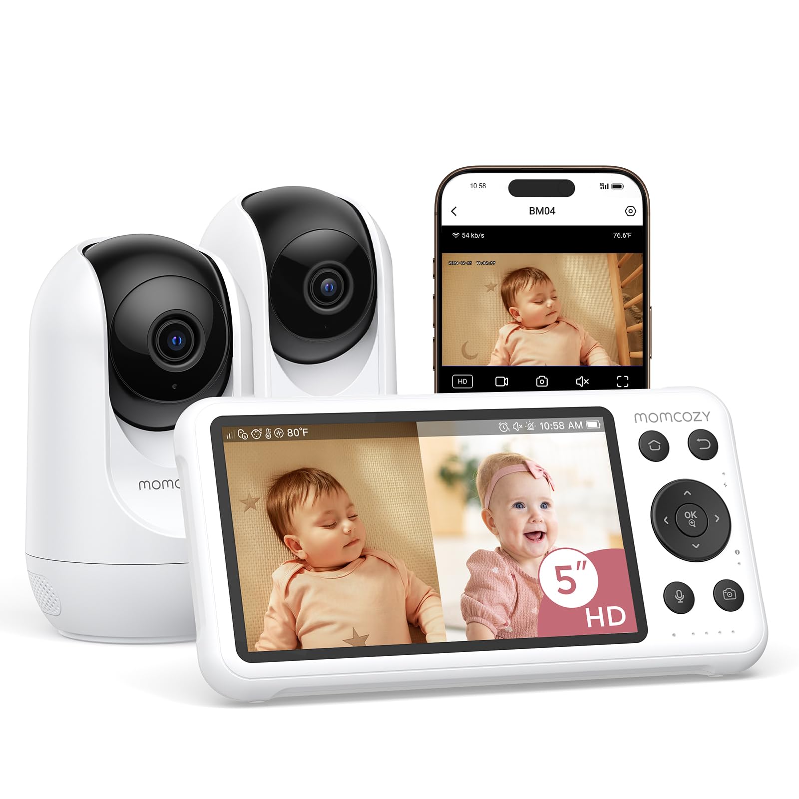 Photo 1 of Momcozy BM04 Smart WiFi Baby Monitor with 2 Cameras, 5" 1080P Split Screen Video Baby Monitor with Camera and Audio, Motion Detection, Electric Fence, Clear Night Vision, 2-Way Audio, 5000mAh Battery