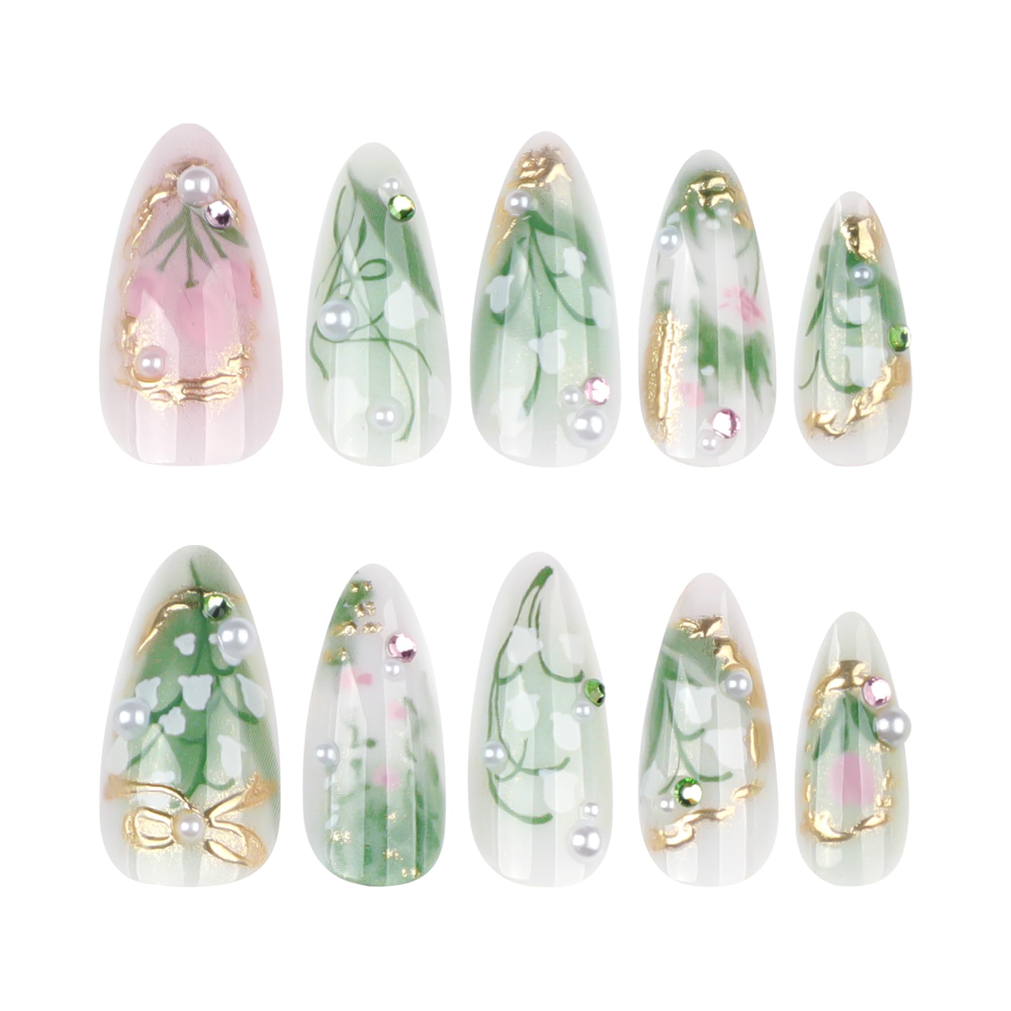 LBPEPAMZ Green Press on Nails Medium Almond Fake Nails with 3D Pearl Rhinestones Designs Gold French Tips Flower Acrylic Nails False Nails White Floral Full Cover Glossy Stick on Nails for Women 24Pcs - Image 4