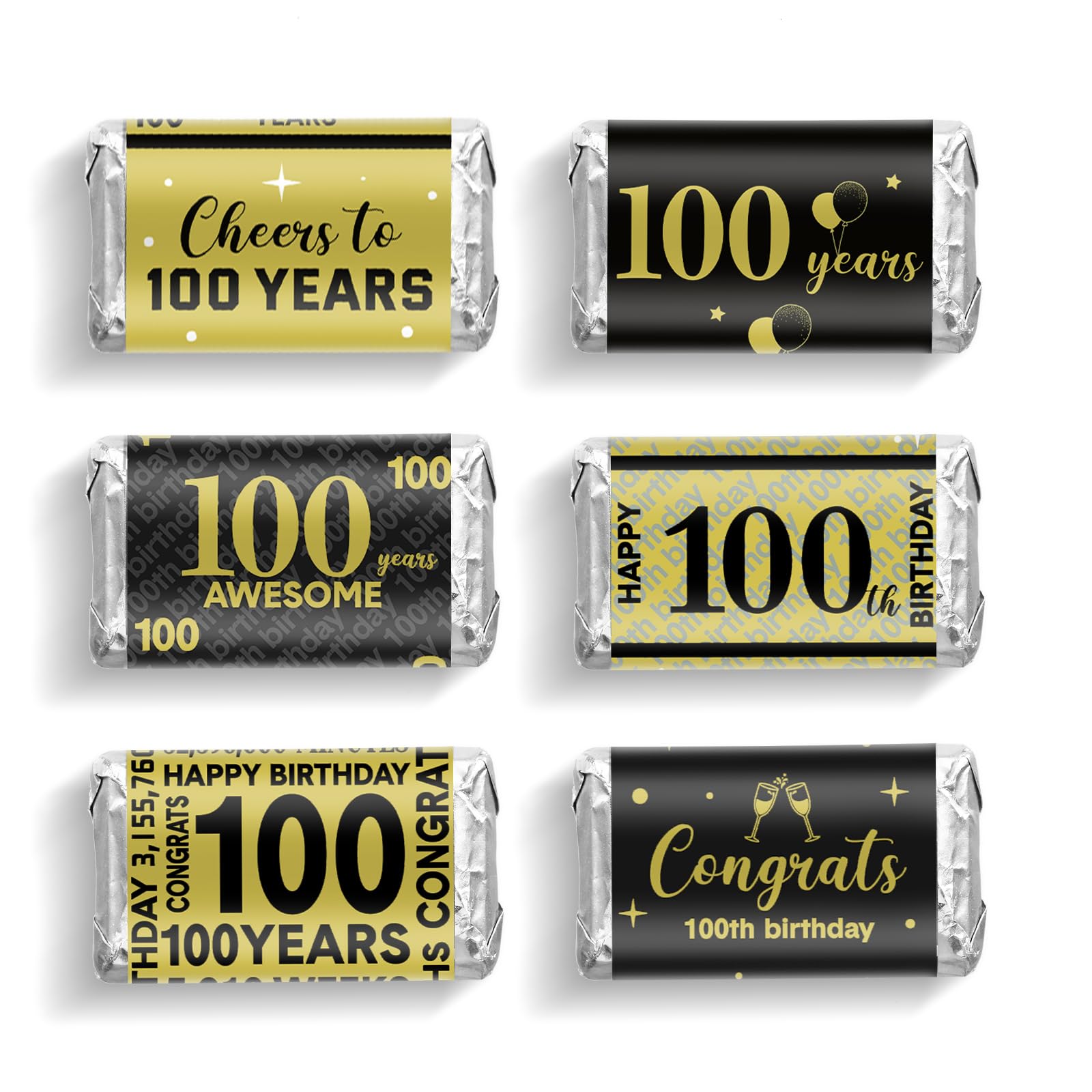 Photo 1 of Tenare 90 Pcs 100th Birthday Party Favors Candy Wrappers Black and Gold Stickers Mini Chocolate Label 100th Birthday Decorations for Men Anniversary Party Supplies