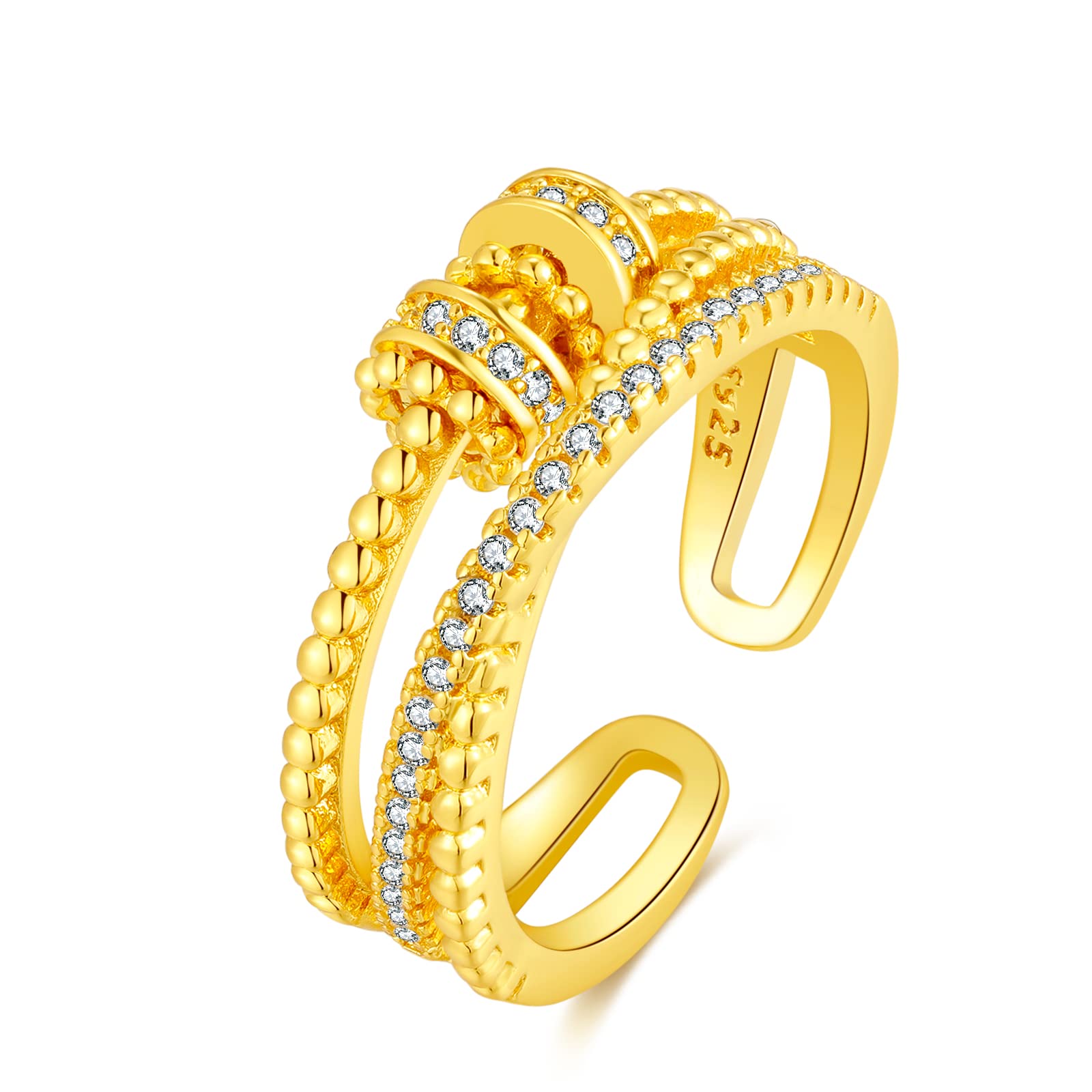 wynn's Silver Anxiety Rings, Sterling Silver Fidget Ring for Women, Adjustable Fidget Ring Anxiety Relief Rings, Cubic Zirconia Stress Reliever Spinner Ring for Anxiety Women, Gold Anxiety Rings