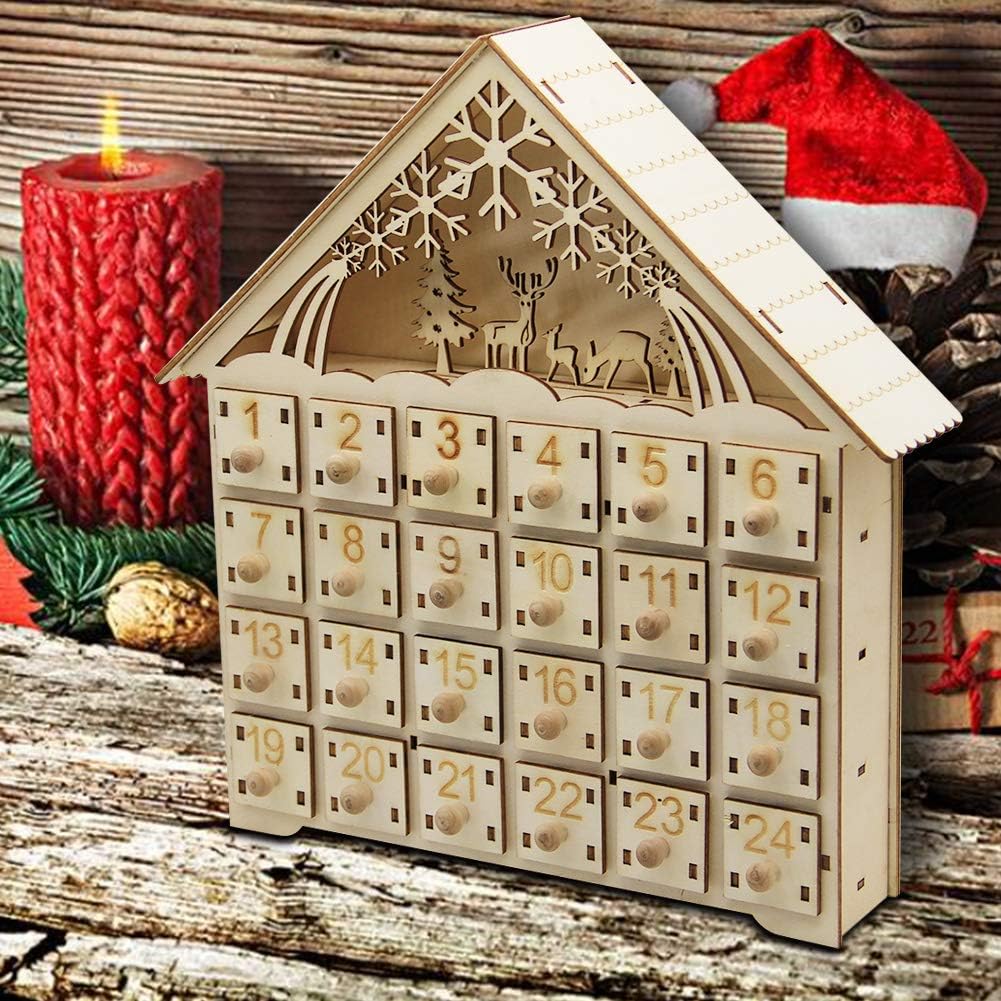 MorTime 24 Day Advent Calendar,Countdown to Christmas Wooden Advent Calendar 24 Storage Drawers, 100% Wood Construction | Cute Holiday Decoration | Measures，11.6" wide x 11.6" high x 2.3" deep，Small