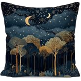 FOPENEM Vintage Celestial Night Moon Forest Pillow Cover 18x18 | Navy Blue and Gold Forest Starry Night Dark Cottagecore Decorative Throw Pillow Case for Home Bedroom Living Room