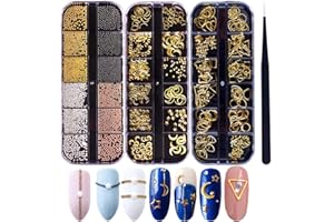 BEATOOL 3D Nails Art Metal Charms Studs Jewels Decals Decorations Accessories 800+Pieces Gold Nail Micro Caviar Beads Star Moon Rivet Design Supplies with Tweezers Nail Tools