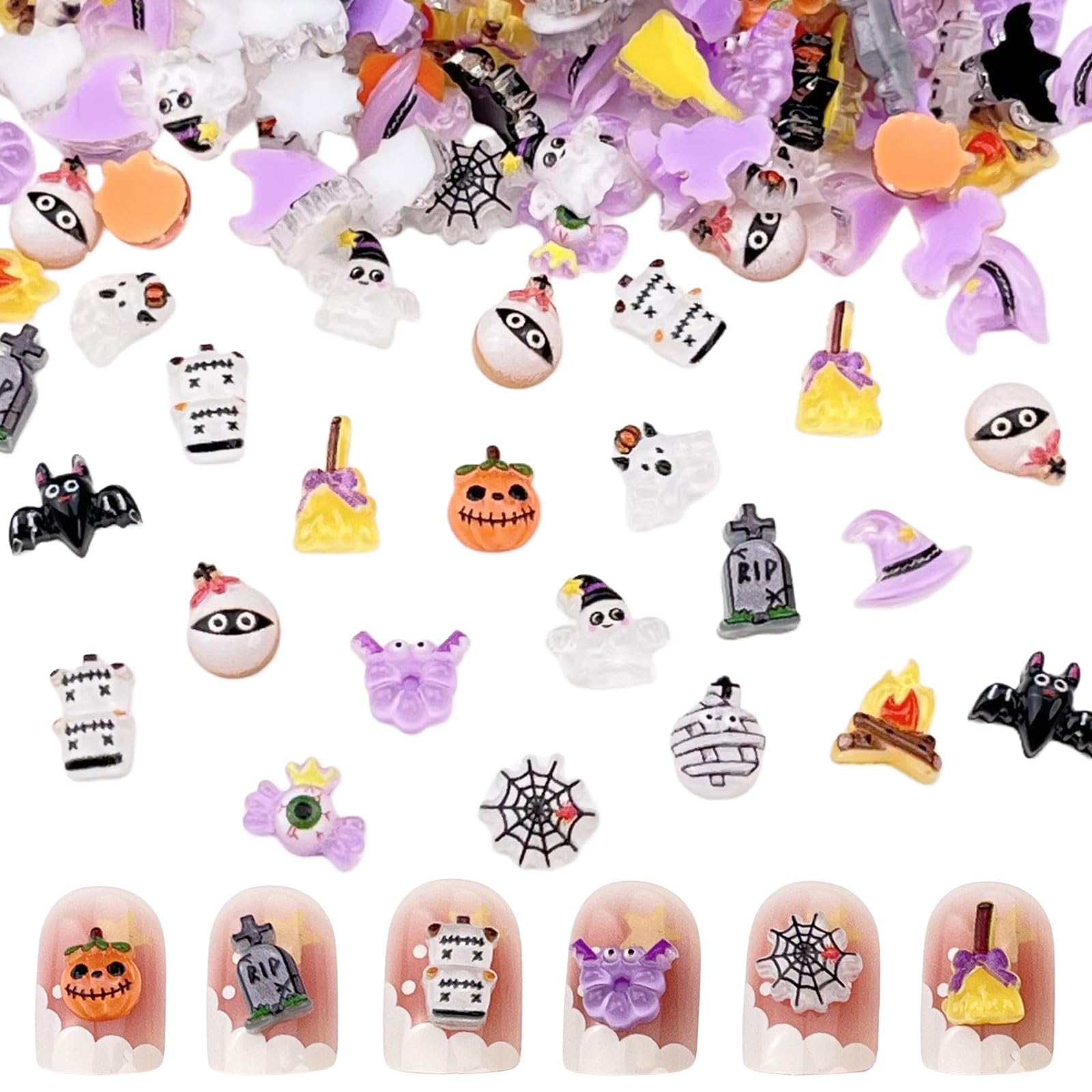 Halloween Nail Art Charms, 100 Pcs 3D Clear Witch Hat Ghost Pumpkin Halloween Nail Charms Flatback Resin Charms Nail Gems Rhinestones Nail Jewels for Nail Decorations DIY Crafting (Multi-Colored B)