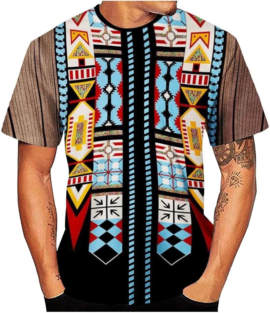 POQOQ T-Shirt Mens 3D Vintage Ethnic Style Print O-Neck Short Sleeve Blouse Top
