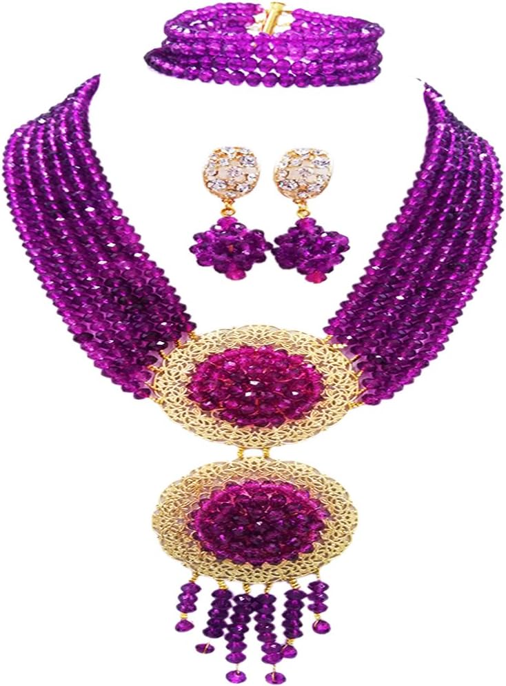 acuzv 6 Rows African Necklaces for Women Nigerian Beads Jewelry Set Wedding Bridal Party Jewelry Sets