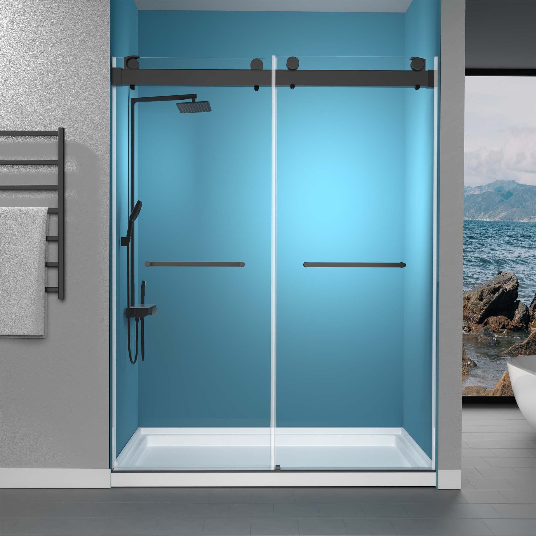 Photo 1 of GETPRO Frameless Shower Door 57-60" W x 79" H, Double Sliding Bathroom Shower Doors 3/8 Inch Clear Tempered Glass Door for Walk-in Shower with Soft Close and Width Adjustable Matte Black