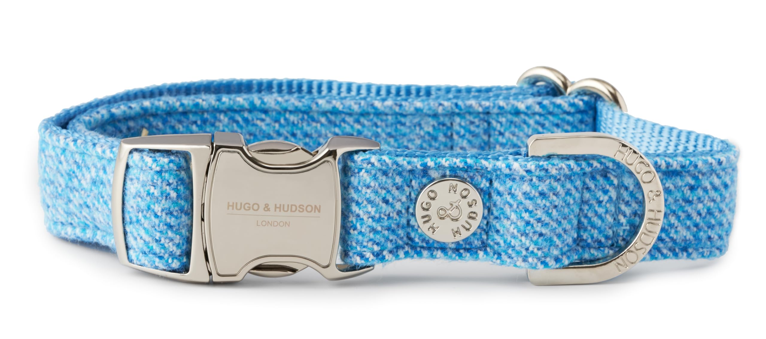 HUGO & HUDSON Tweed Dog Collar, Luxury Adjustable Quick Release Safety Metal Buckle, Blue, L