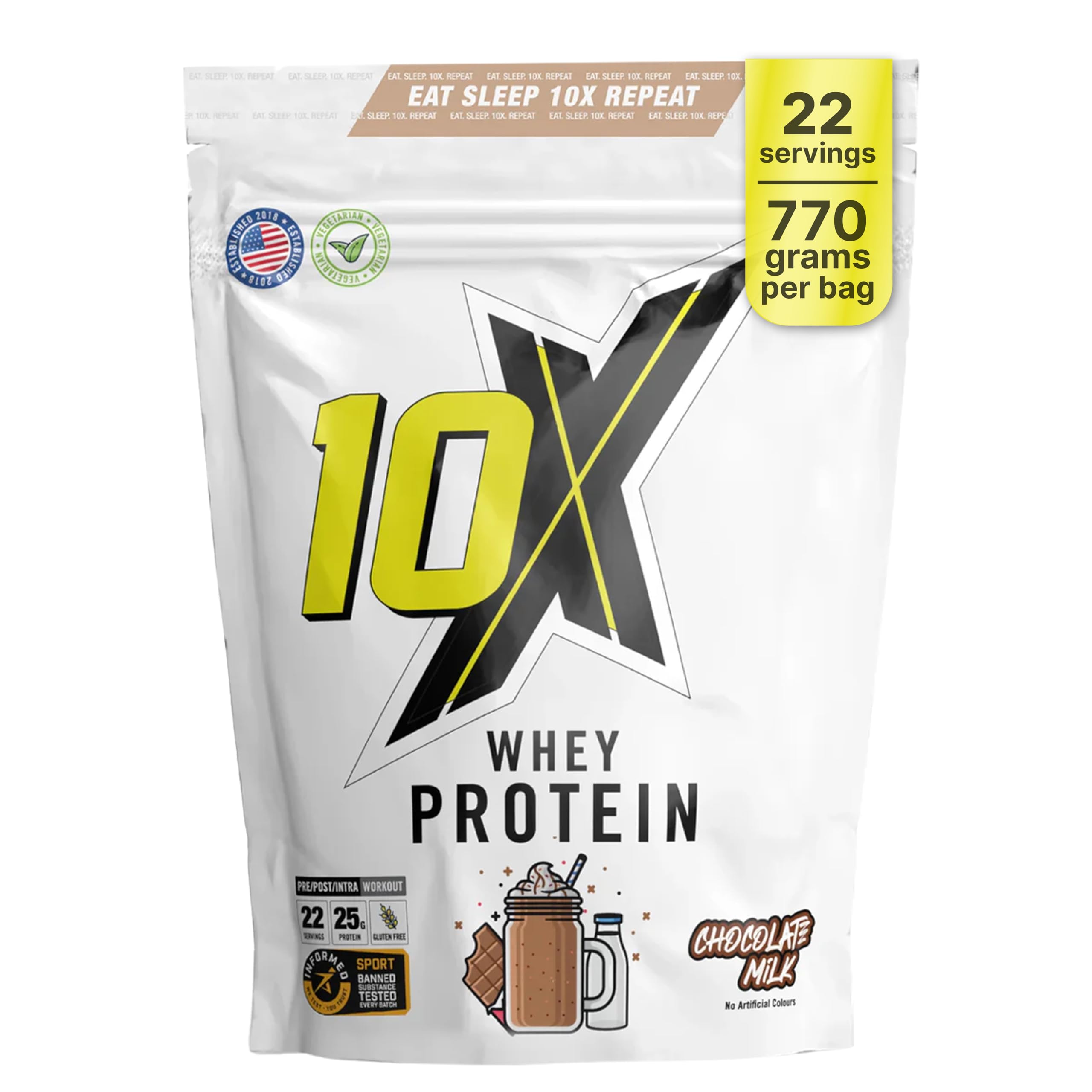 10X Athletic Whey Protein Powder - Chocolate Milk, 770g (22 Servings), Low-Calorie, Gluten-Free & Vegetarian, Fast Absorption for Muscle Recovery, Ideal for Weight Loss & Training
