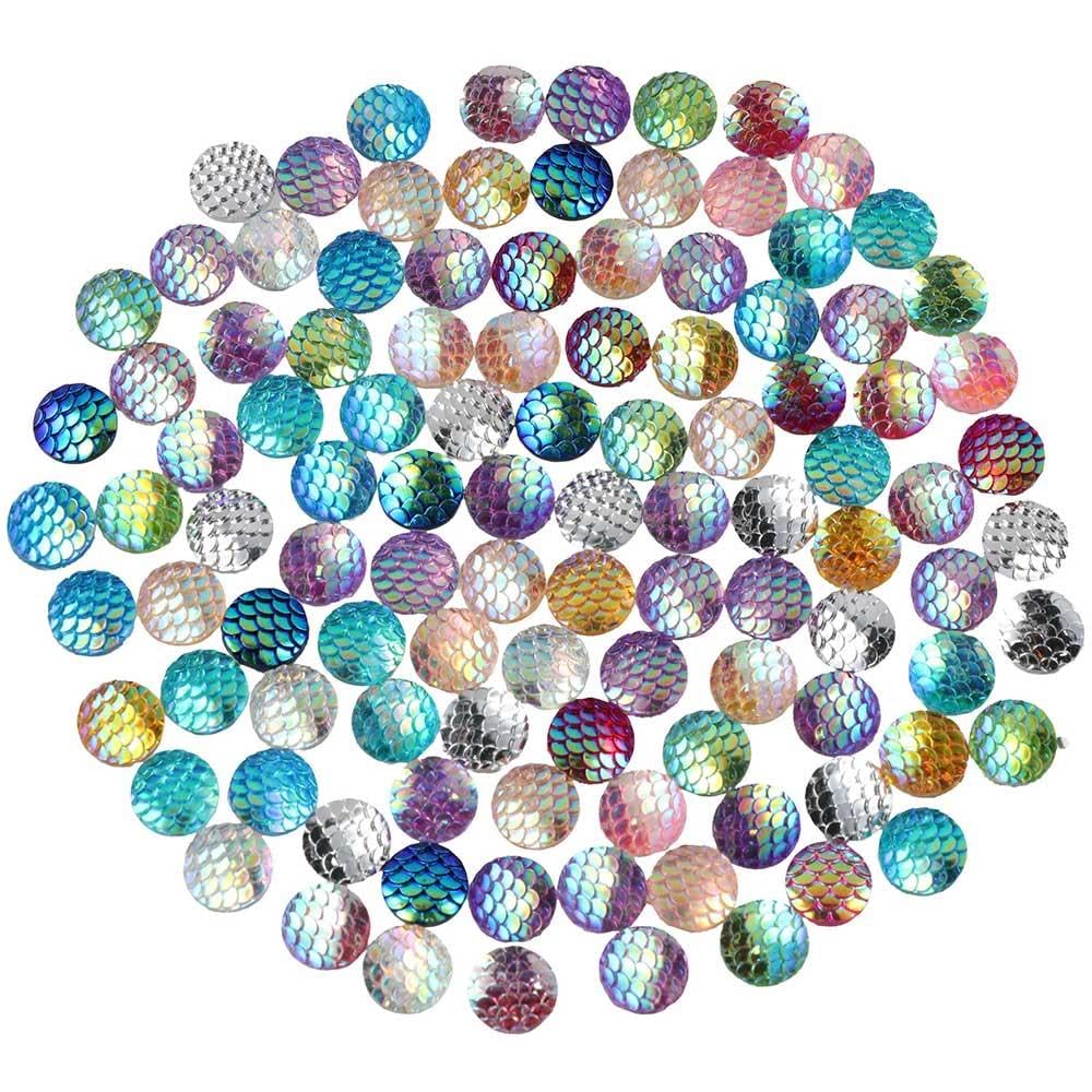 YYlingx 200Pcs 12mm Mixed Color Flat Back Fish Scale Resin Round 15 Colors Resin Undrilled Deco Beads for Jewelry Making DIY Craft