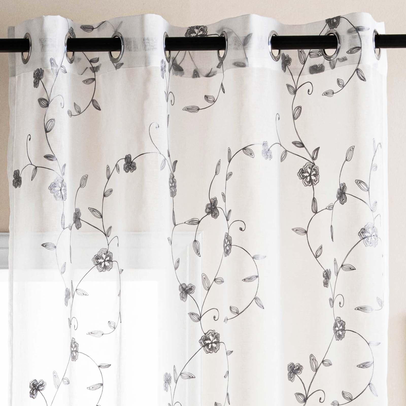 DWCN Embroidery Sheer Curtains Decoration Flora Design Grommet Window Curtain Semi Voile Drapes with Eyelets Window Treatments for Living Room Bedroom 2 Panels 52" W x 96" L Gray