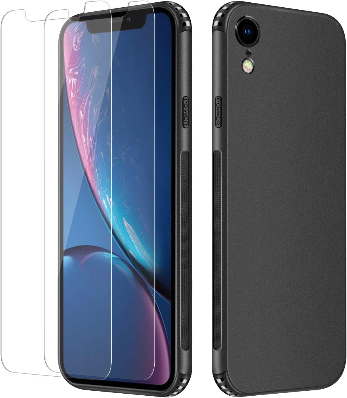 MTOP iPhone XR Case[Military Grade Drop Tested] with[2x Tempered Glass Screen Protector],Ultra-Thin Slim Fully Protective Soft Frosted TPU Black Shockproof Case for iPhone XR(6.1 Inch)- Black