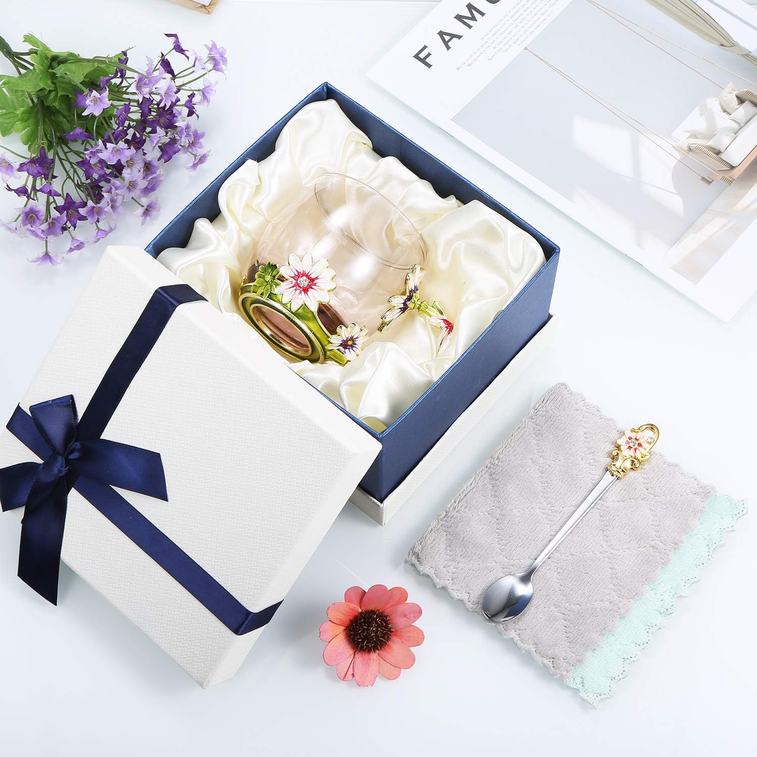 Decdeal Enamel Glass Mug Flower Tea Cup Coffee Mug with Spoon & Cleaning Cloth & Gift Box, Gifts for Mum Wife, Girl - Image 3