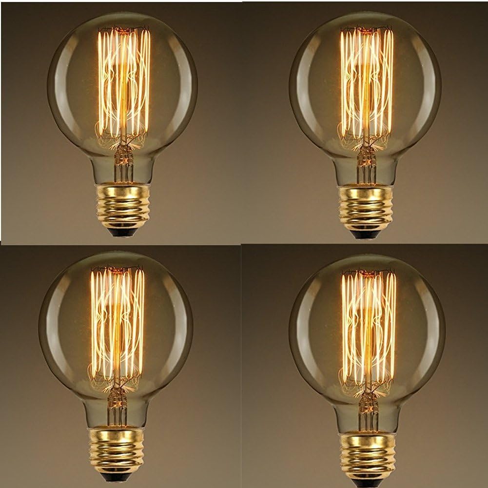 4 Pack of Wootly Vintage Edison Bulbs - Warm Light Bulbs - Smooth Amber Glass Shell with Squirrel Cage Filament - 60 Watt - G80 Bulb - 220 Volts - E27 Base - 190 Lumens [Energy Class C]