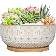 8 Inch Ceramic Succulent Planter Pots with Drainage Hole Flower Pot for Indoor Plants Round Shallow Bonsai Pot with Bamboo Tray White