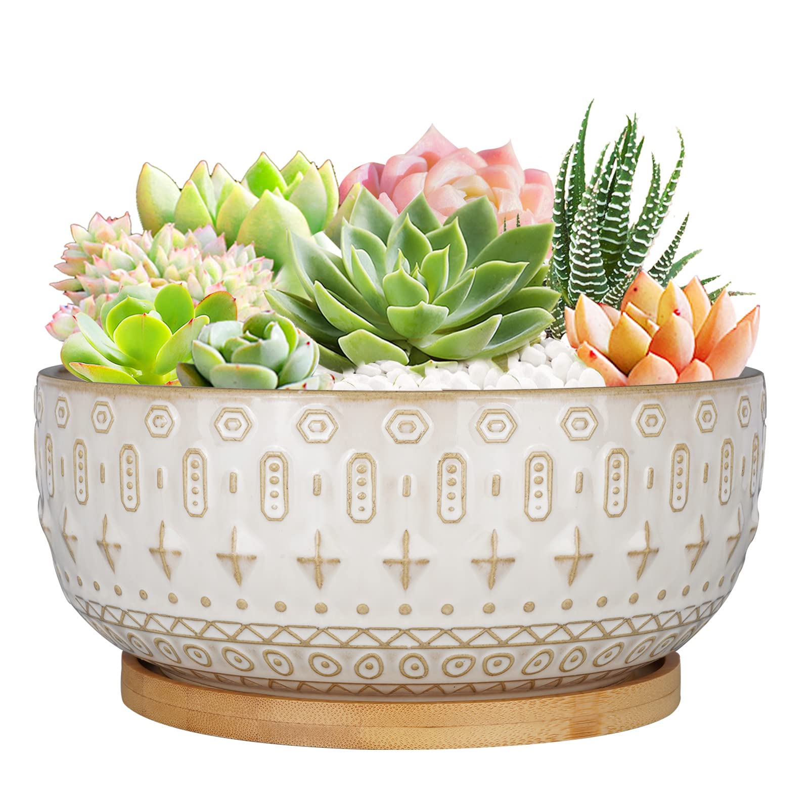 Fivepot 20.5CM Ceramic Succulent Planter Pots with Drainage Hole for Indoor Plants Round Shallow Bonsai Flower Pot with Bamboo Tray White